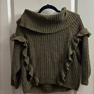 Express Olive Off-the-Shoulder Sweater with Ruffles